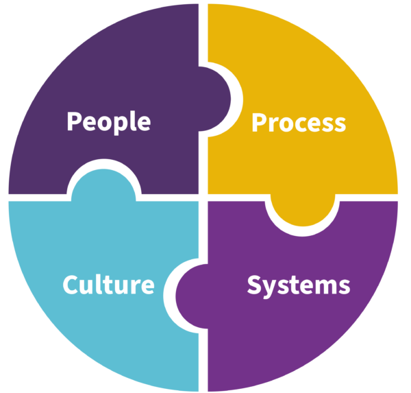 People, Process, Systems, Culture are combined into a holistic approach